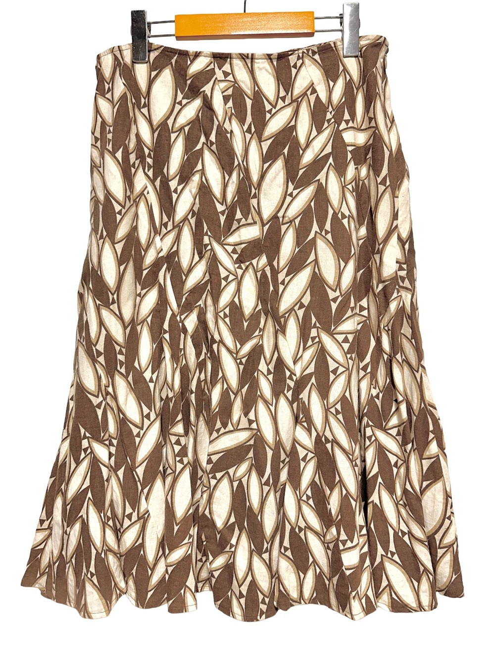 Linen Blend Brown Cream Leaf Print Midi Skirt Resort Boho Earthy Minimalist 10